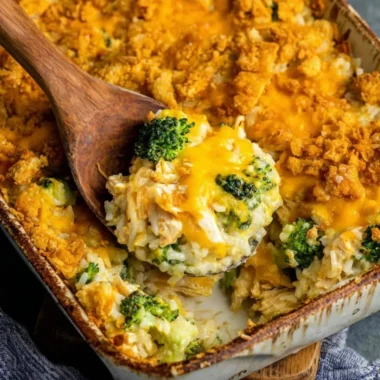 Broccoli Cheddar Chicken and Rice Casserole in a baking dish