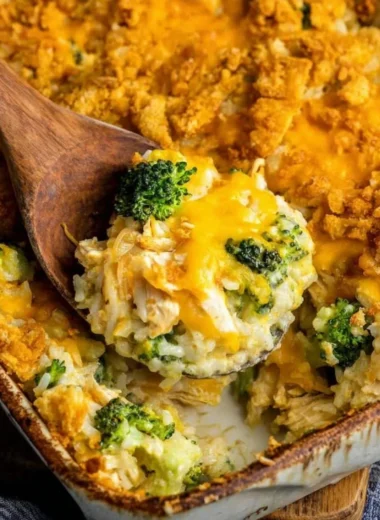 Broccoli Cheddar Chicken and Rice Casserole in a baking dish