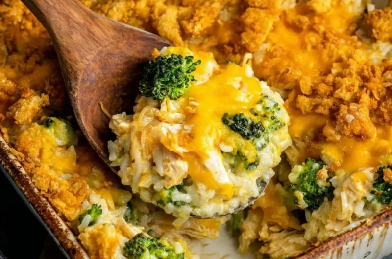 Broccoli Cheddar Chicken and Rice Casserole in a baking dish