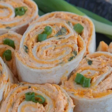 Buffalo Chicken Pinwheels filled with creamy buffalo sauce and cheese