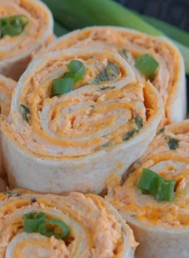 Buffalo Chicken Pinwheels filled with creamy buffalo sauce and cheese