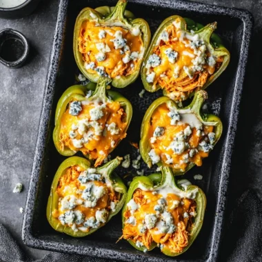 Buffalo Chicken Stuffed Peppers topped with cheese and herbs