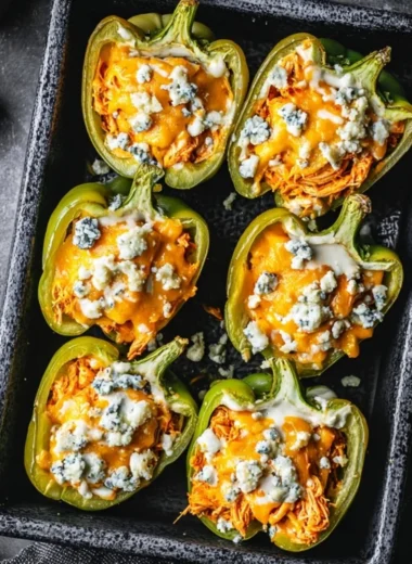 Buffalo Chicken Stuffed Peppers topped with cheese and herbs
