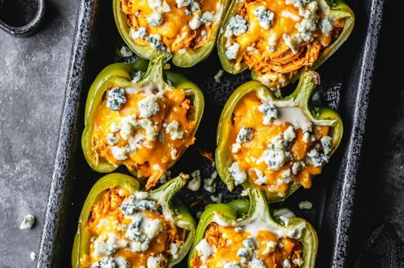 Buffalo Chicken Stuffed Peppers topped with cheese and herbs