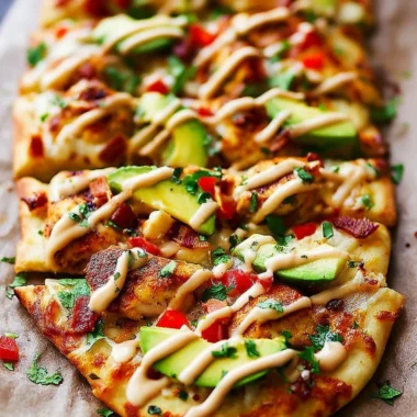 California Chicken Flatbread with Chipotle Ranch dressing garnish