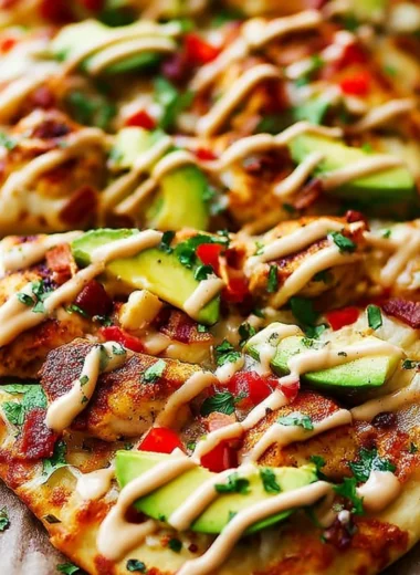 California Chicken Flatbread with Chipotle Ranch dressing garnish