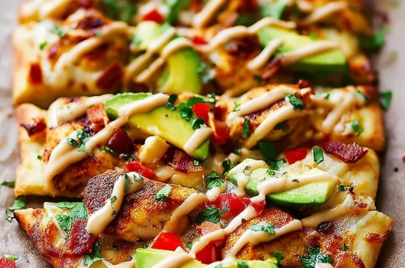 California Chicken Flatbread with Chipotle Ranch dressing garnish