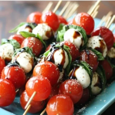 Delicious Caprese Salad Skewers with tomatoes, mozzarella, and basil arranged on a platter.