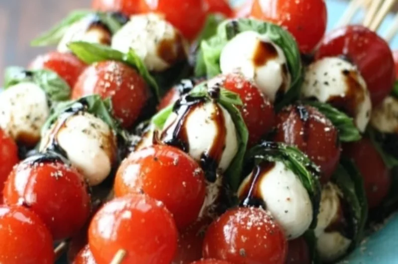 Delicious Caprese Salad Skewers with tomatoes, mozzarella, and basil arranged on a platter.