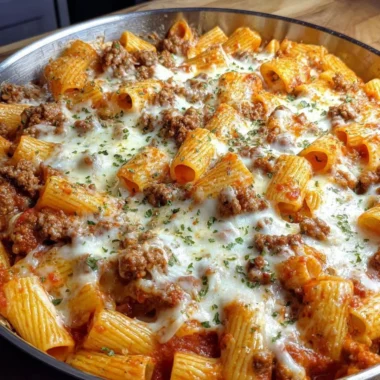 Cheesy baked rigatoni dish topped with ground beef and melted cheese