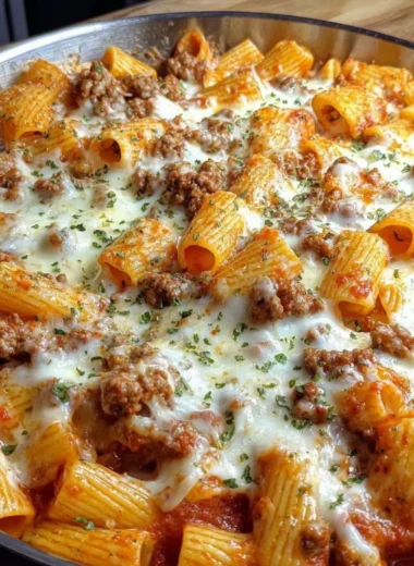 Cheesy baked rigatoni dish topped with ground beef and melted cheese