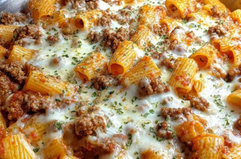 Cheesy baked rigatoni dish topped with ground beef and melted cheese