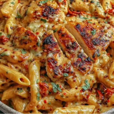 Delicious plate of Chicken Mozzarella Pasta with fresh herbs and cheese