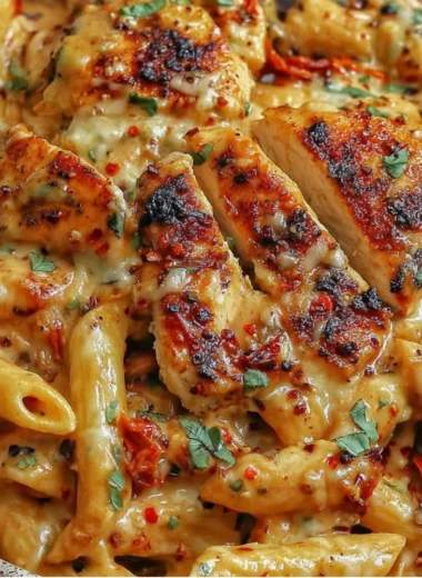 Delicious plate of Chicken Mozzarella Pasta with fresh herbs and cheese