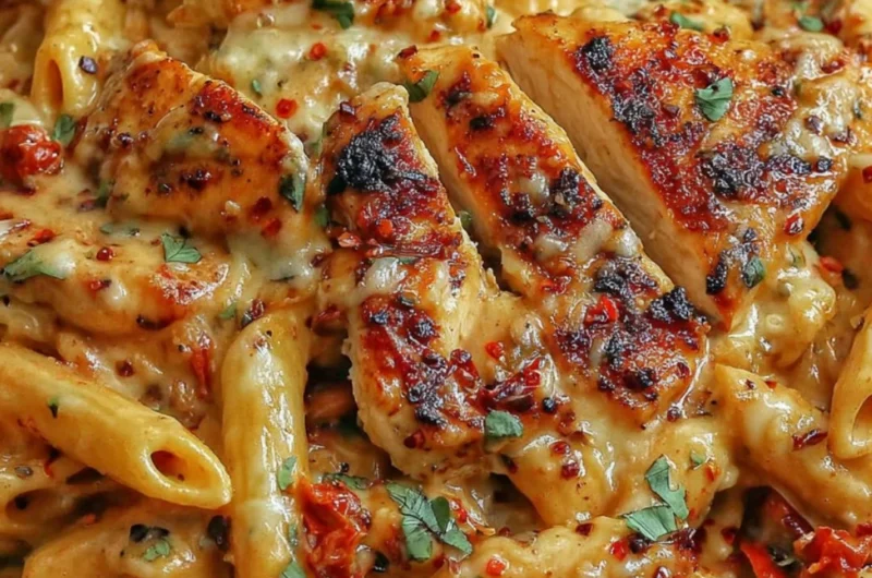 Delicious plate of Chicken Mozzarella Pasta with fresh herbs and cheese