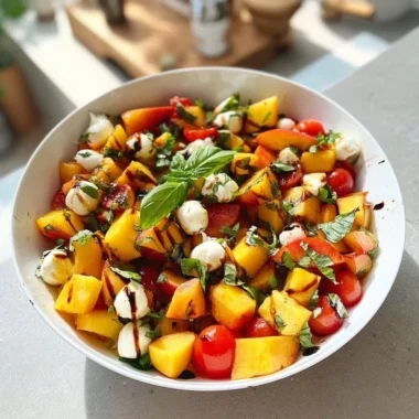 Chopped Peach Caprese Salad with peaches, mozzarella, and basil on a plate