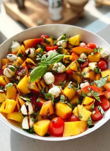 Chopped Peach Caprese Salad with peaches, mozzarella, and basil on a plate