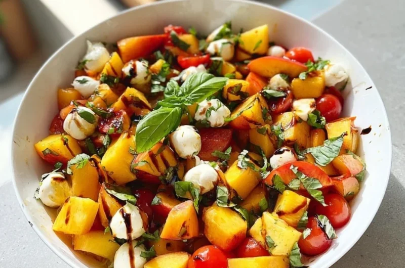 Chopped Peach Caprese Salad with peaches, mozzarella, and basil on a plate