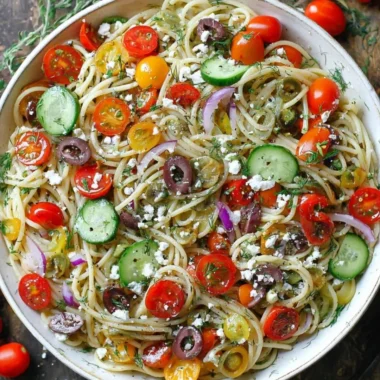 Delicious cold spaghetti salad featuring fresh vegetables and dressing