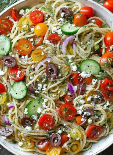 Delicious cold spaghetti salad featuring fresh vegetables and dressing