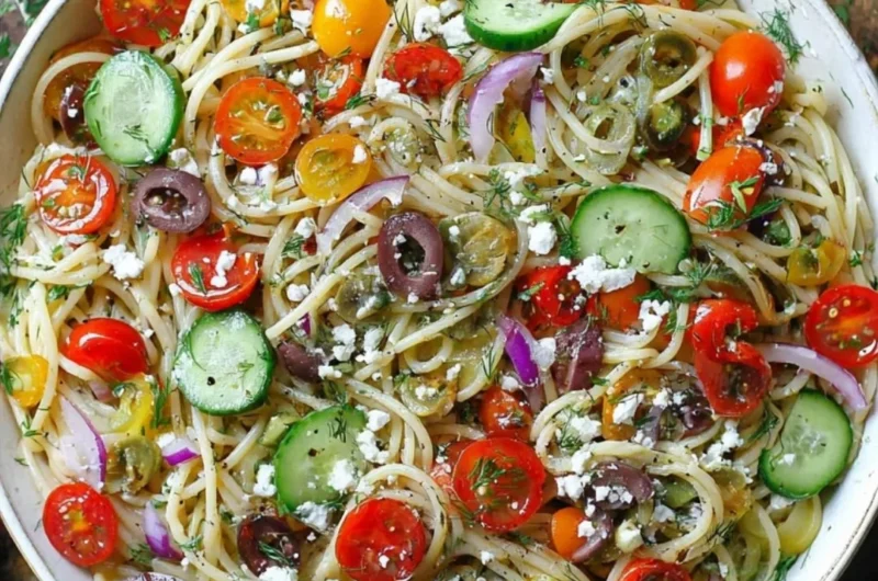 Delicious cold spaghetti salad featuring fresh vegetables and dressing