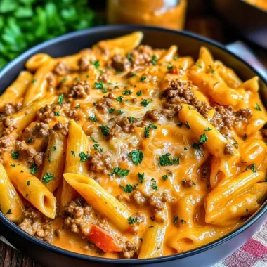 Creamy beef pasta dish with rich sauce and herbs