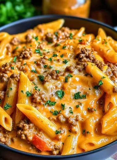 Creamy beef pasta dish with rich sauce and herbs