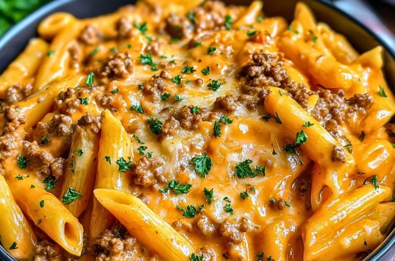 Creamy beef pasta dish with rich sauce and herbs