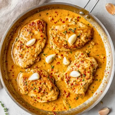 Creamy Garlic Chicken Skillet served in a cast iron pan with herbs and spices.