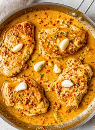 Creamy Garlic Chicken Skillet served in a cast iron pan with herbs and spices.