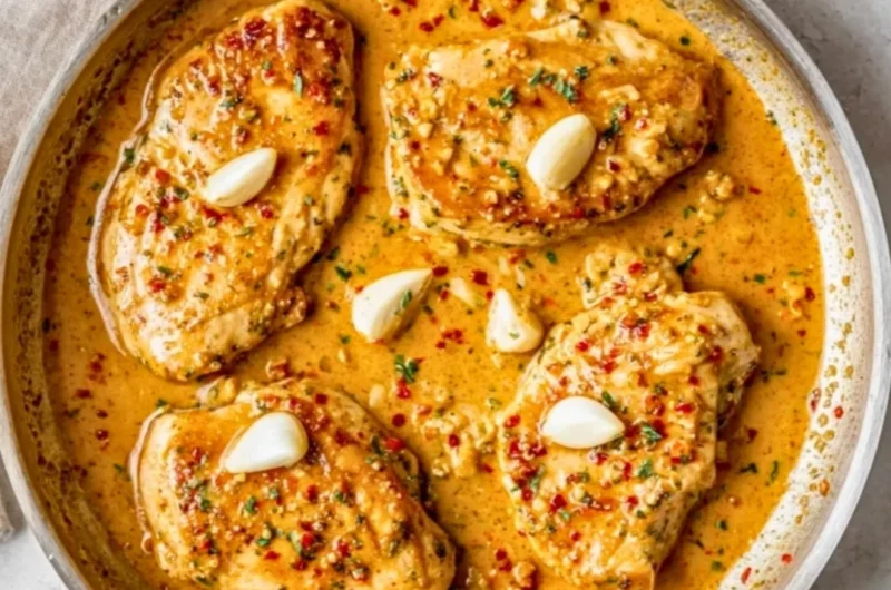 Creamy Garlic Chicken Skillet served in a cast iron pan with herbs and spices.