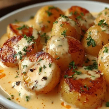 Creamy garlic sauce baby potatoes served on a plate