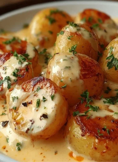 Creamy garlic sauce baby potatoes served on a plate