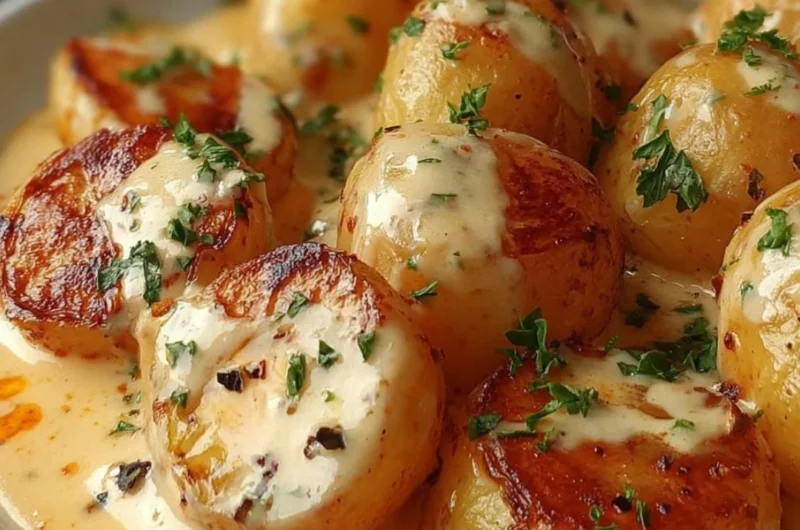 Creamy garlic sauce baby potatoes served on a plate