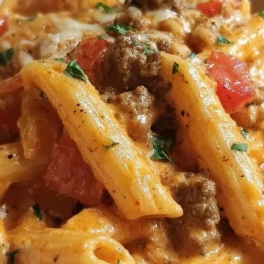 Creamy Rotel pasta with ground beef served in a bowl