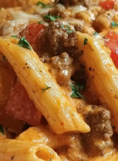 Creamy Rotel pasta with ground beef served in a bowl