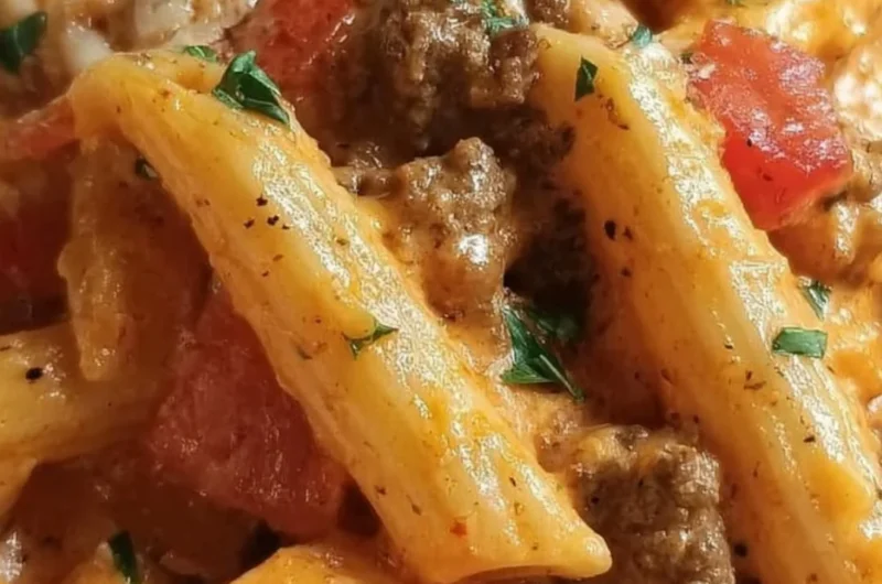 Creamy Rotel pasta with ground beef served in a bowl