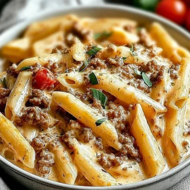 Creamy Rotel pasta dish with ground beef served in a bowl
