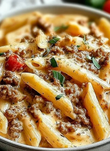 Creamy Rotel pasta dish with ground beef served in a bowl