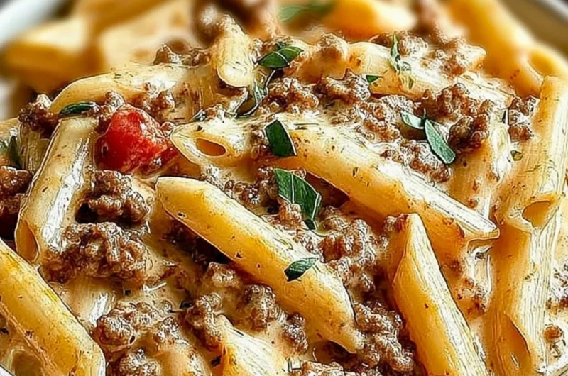 Creamy Rotel pasta dish with ground beef served in a bowl