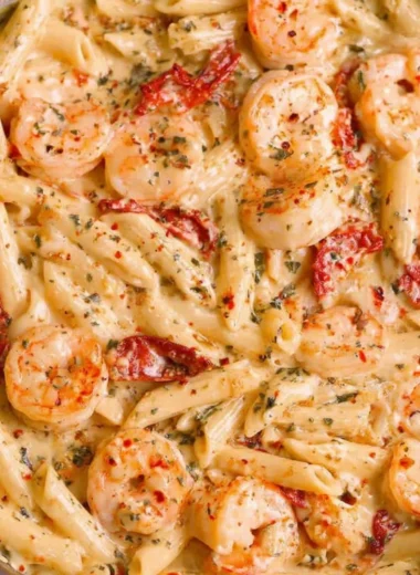 Creamy shrimp pasta served in a bowl with herbs and spices for a delicious meal.