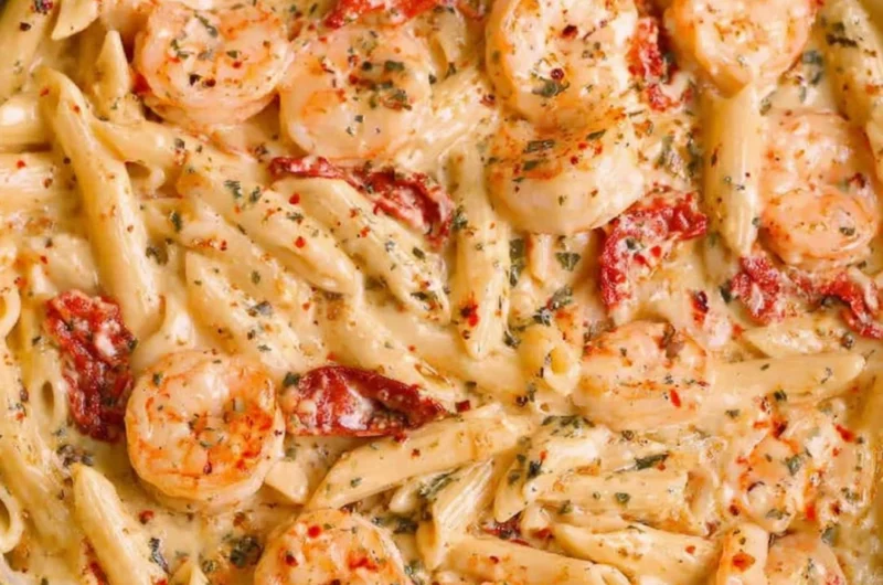 Creamy shrimp pasta served in a bowl with herbs and spices for a delicious meal.