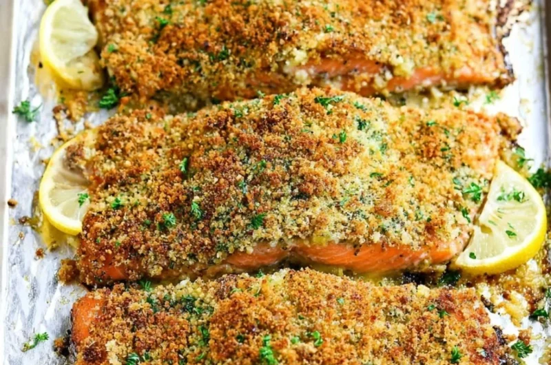 Crispy garlic parmesan salmon garnished with herbs on a plate