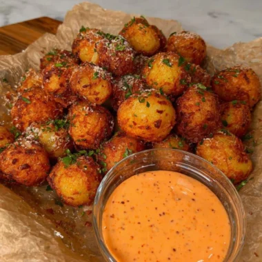 Crispy vegan potato balls served with Sriracha mayo on a plate
