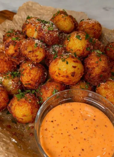 Crispy vegan potato balls served with Sriracha mayo on a plate