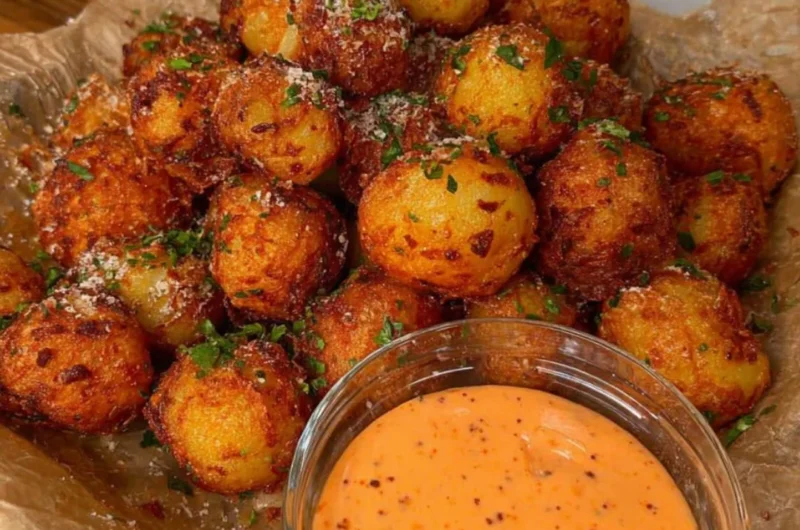 Crispy vegan potato balls served with Sriracha mayo on a plate