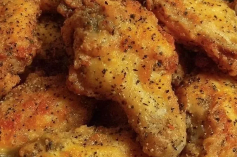 Easy lemon pepper chicken wings served on a platter with dipping sauce