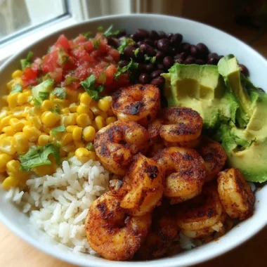 Fiesta Shrimp Rice Bowl with colorful ingredients and shrimp on a bed of rice.