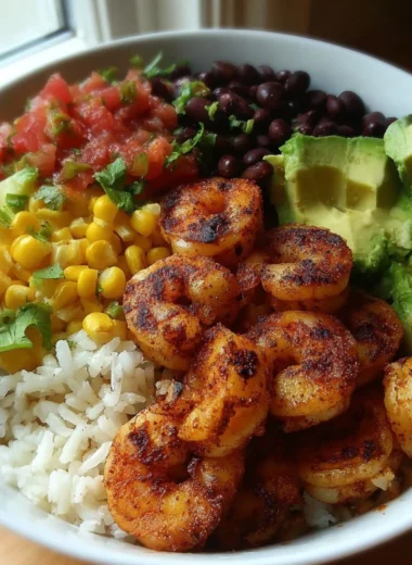 Fiesta Shrimp Rice Bowl with colorful ingredients and shrimp on a bed of rice.