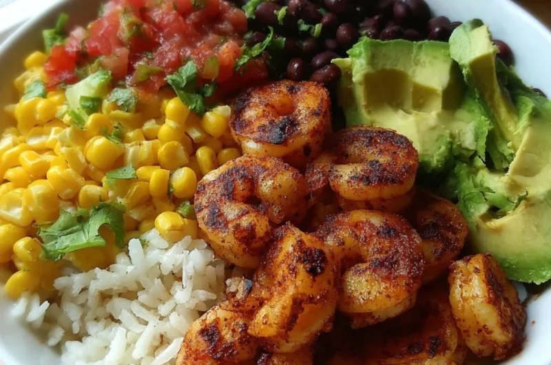 Fiesta Shrimp Rice Bowl with colorful ingredients and shrimp on a bed of rice.